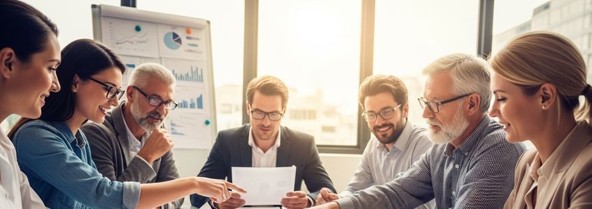 Business professionals reviewing seasonal loan documents and financial planning charts in a modern conference room