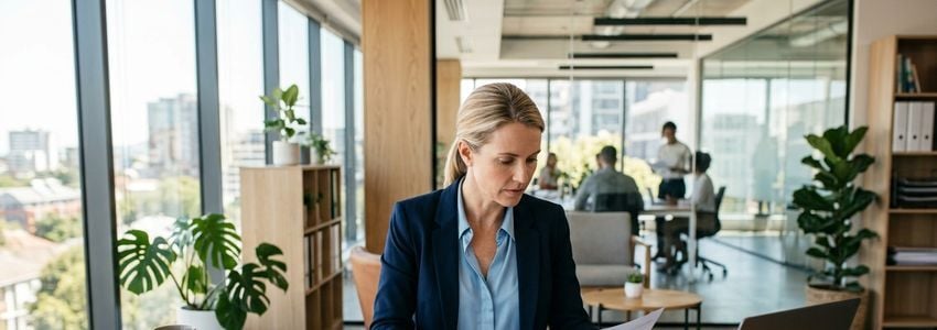 Business owner reviewing multi-location expansion financing documents in a modern office