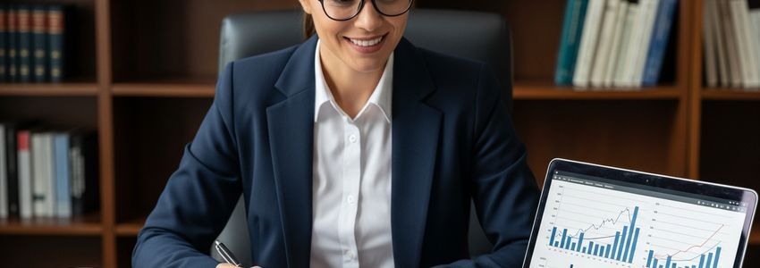 Business owner reviewing credit scores on laptop in modern office