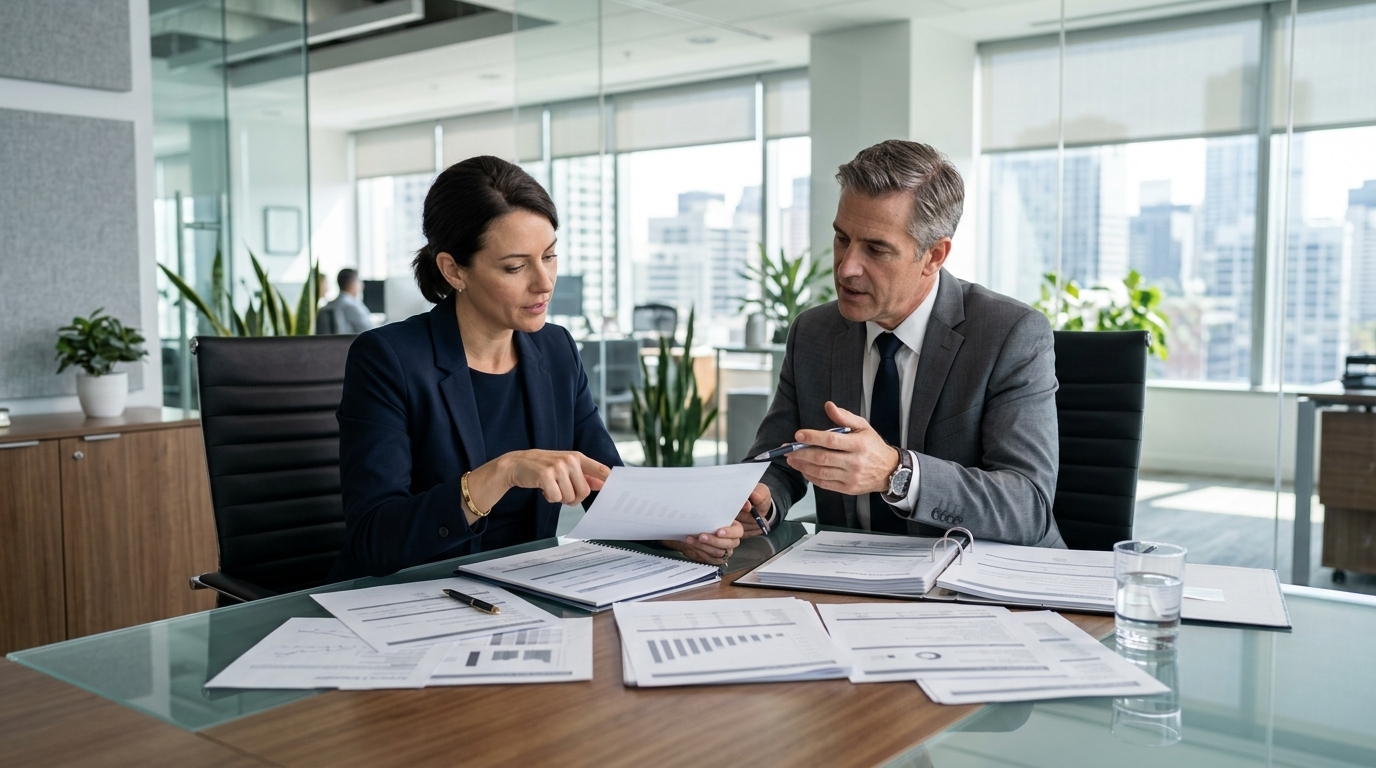 Business owner reviewing loan documents and comparing secured vs. unsecured business loan options at a modern office desk