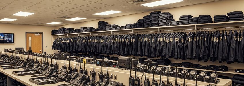 Security company equipment room showing professional gear and operations infrastructure