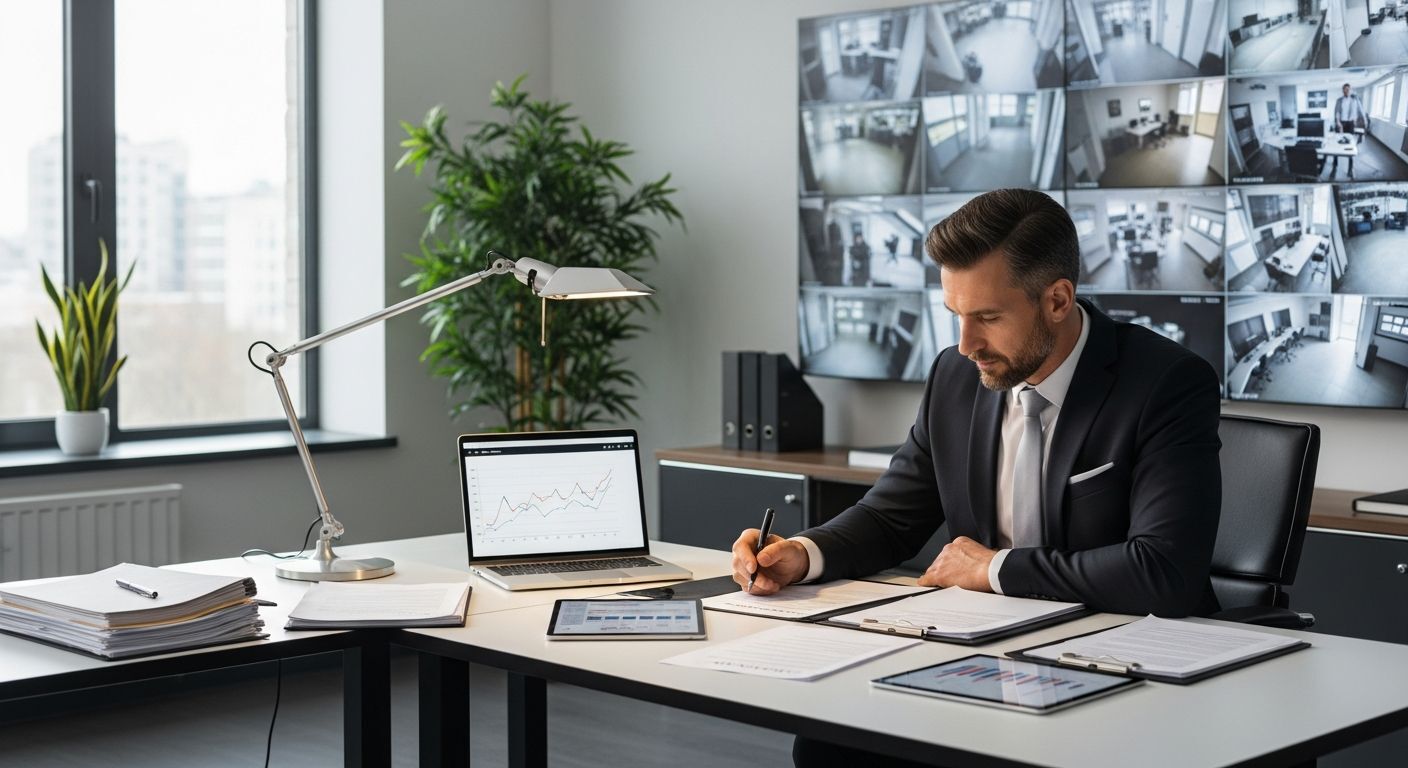Security business owner reviewing contracts and financing options at an office desk