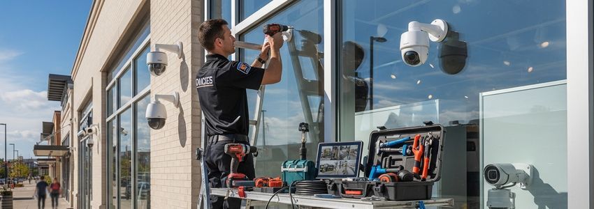 Security technician installing commercial surveillance cameras on a retail storefront