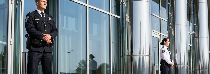 Professional security guard officers in uniform at commercial building entrance