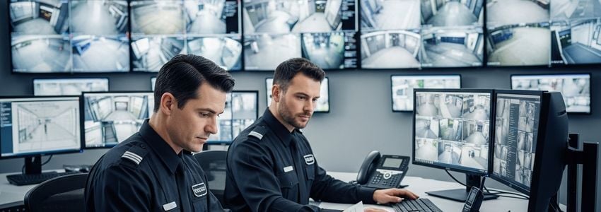 Security professionals reviewing surveillance monitors at a modern command center