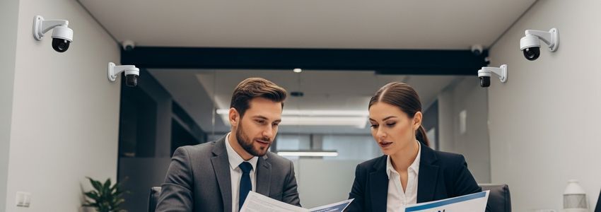 Business owner reviewing security system financing options with a financing specialist