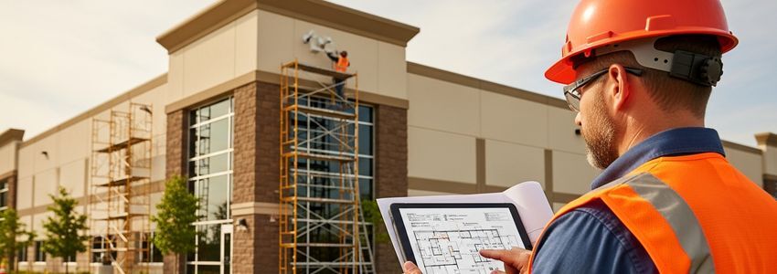 Security systems contractor reviewing plans at a commercial job site with tablet, wearing safety vest and hard hat