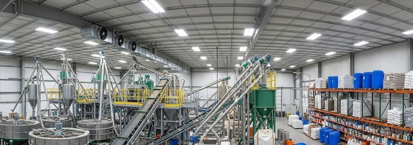 Commercial seed processing facility with industrial equipment and bulk seed storage