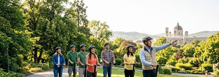 Tour guide leading a group of tourists on Segway personal transporters along a park pathway