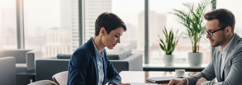 Self-employed business owner reviewing loan options with financial advisor