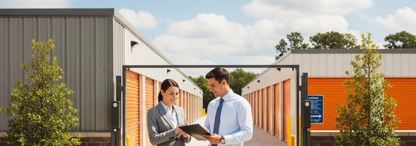 Self storage facility owner reviewing financing options with business partner