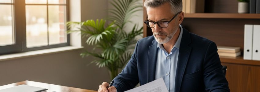 Business owner reviewing seller financing agreement documents at a professional office desk