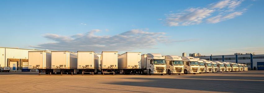Fleet of semi-trailers lined up at a logistics distribution center ready for financing