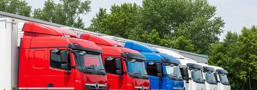 A fleet of commercial semi-trucks parked at a modern logistics depot, ready for financing