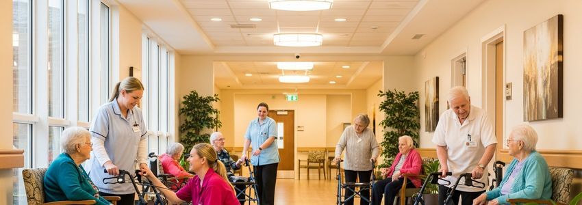 Senior care facility staff reviewing financing options in a modern assisted living community