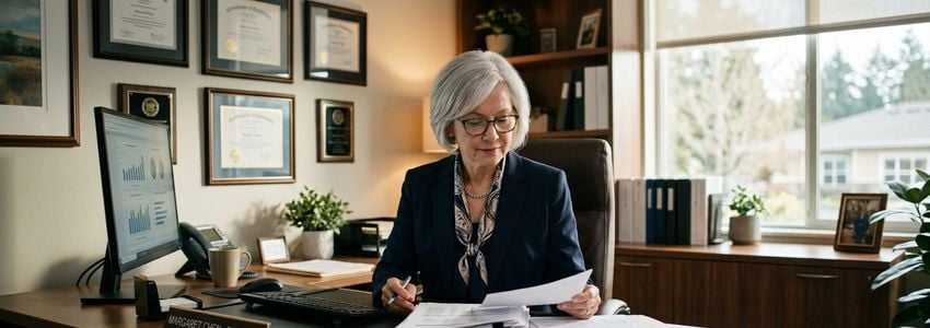 Senior living facility administrator reviewing business loan documents in a professional office