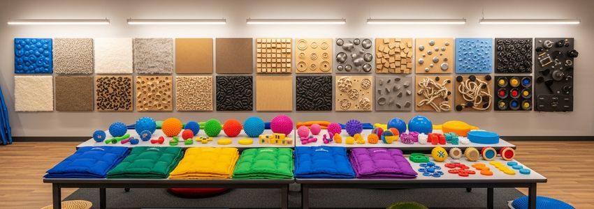 Sensory room equipment including tactile tools, colorful cushions, and sensory wall panels for therapy centers and learning labs