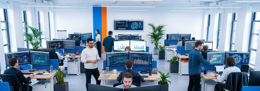 SEO agency team reviewing analytics dashboards in a modern office, representing the type of digital marketing business that benefits from SEO agency business loans