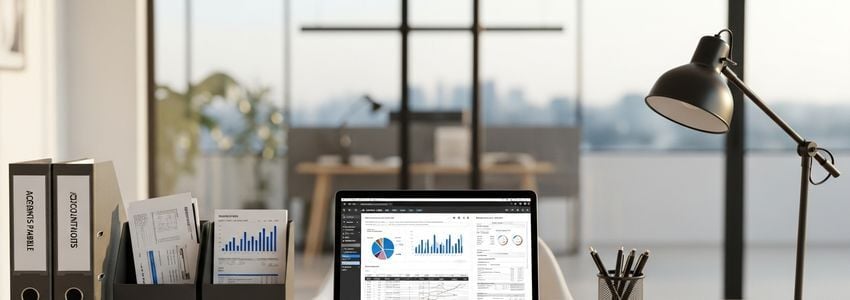 Business owner reviewing organized financial documents and accounting records at a modern office desk