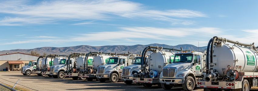 Septic service vacuum pumper truck fleet at service yard