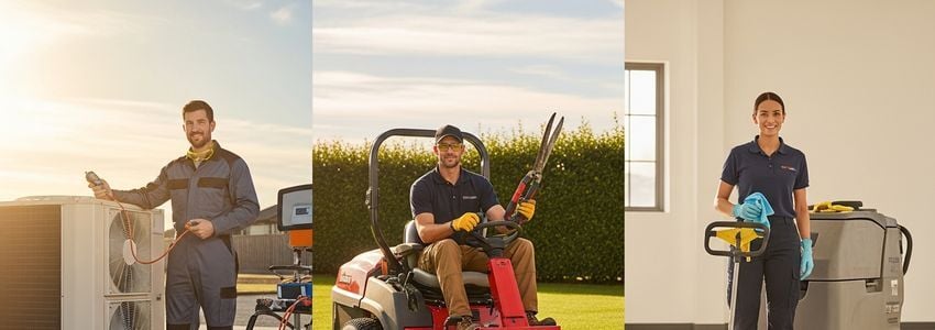 Service business owners using financed equipment including HVAC tools, commercial lawn mowers, and industrial cleaning equipment