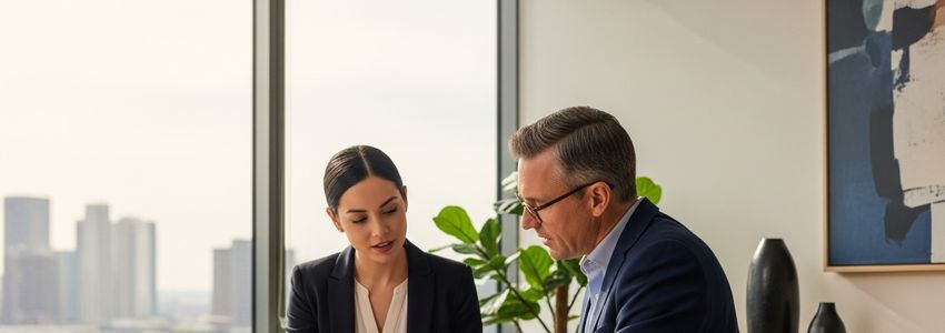 Small business owner reviewing renovation plans with financial advisor