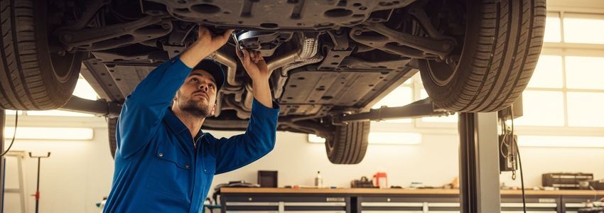 A professional mechanic inspecting a lifted vehicle in a modern service station repair bay, representing the automotive service equipment that can be financed.