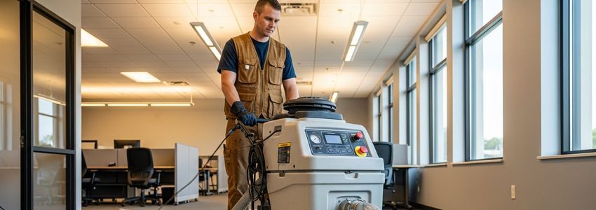 Restoration franchise technician operating professional water extraction equipment in a commercial building