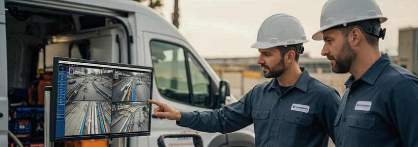 Professional plumber using sewer inspection camera equipment at a commercial job site