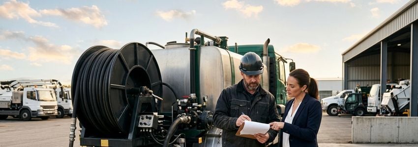 Plumbing contractor and financing advisor reviewing paperwork beside a sewer jetting truck