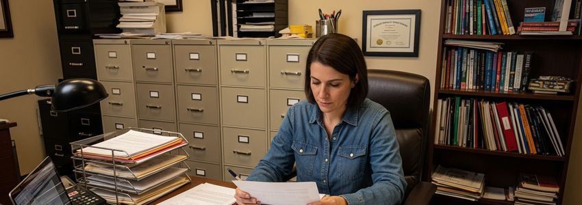 Nonprofit administrator reviewing equipment financing documents at a shelter office desk