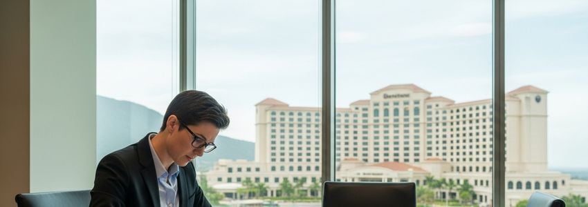 Hotel investor reviewing Sheraton franchise financing documents