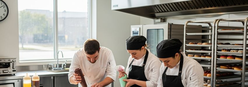 Commercial bakery team decorating donuts at Shipley Do-Nuts franchise