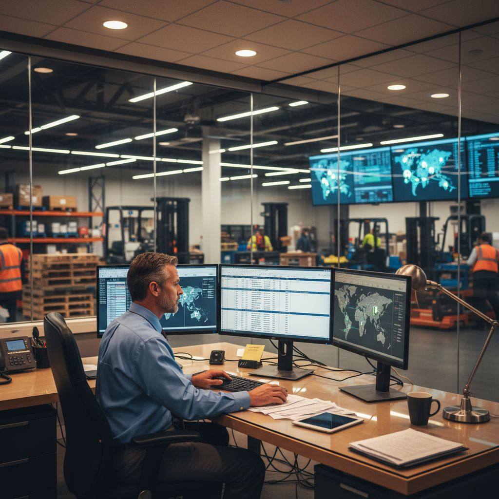 Freight company dispatcher reviewing financing options at a modern logistics operations center