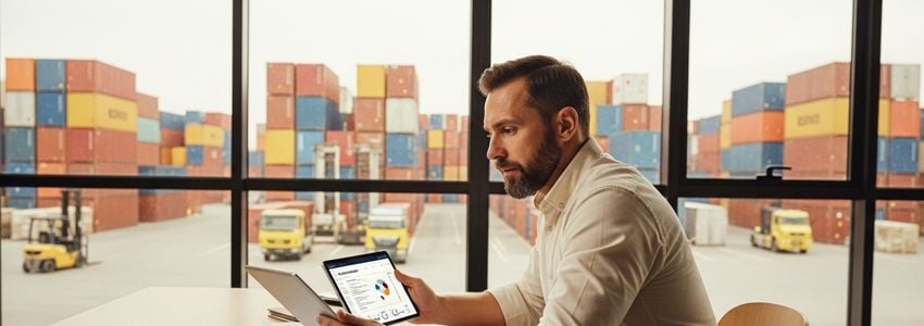 Freight company owner reviewing shipping and financing documents at warehouse office