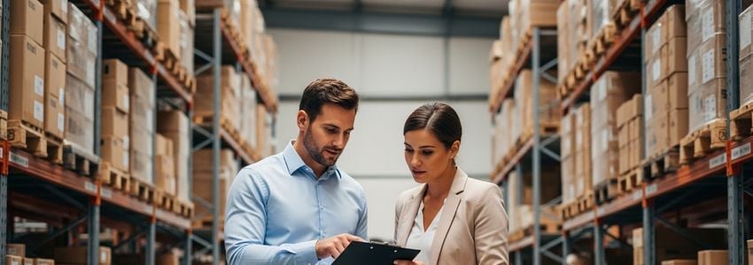 Business owner reviewing equipment financing documents for in-house shipping operations
