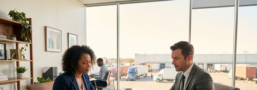 Small business owner and logistics broker reviewing insurance and freight paperwork in a modern office overlooking a trucking yard