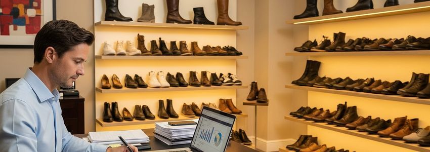 Shoe store owner reviewing business financing options at desk