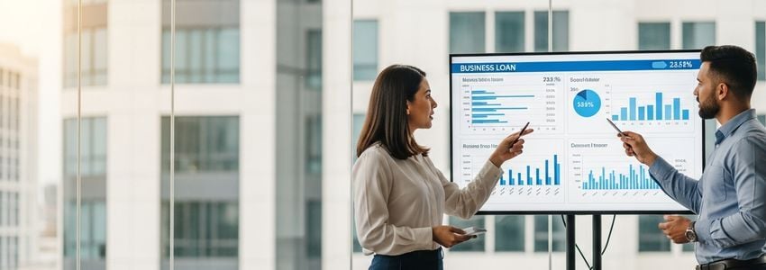 Business professionals reviewing short-term loan statistics and financial data in a modern office