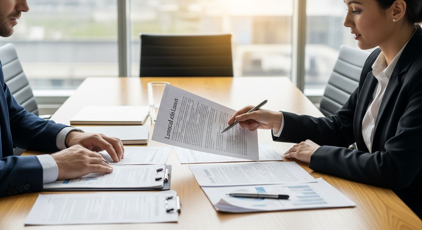 Business owner and financial advisor reviewing short-term and long-term loan options