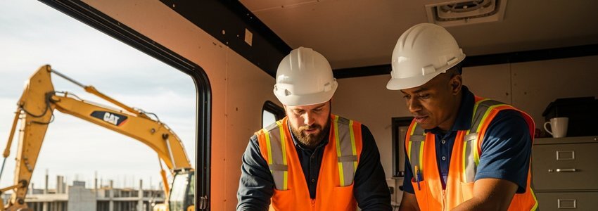 Shotcrete contractors reviewing project blueprints in construction site office