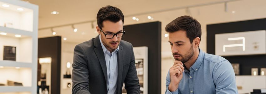 Interior designer and business owner reviewing showroom renovation plans