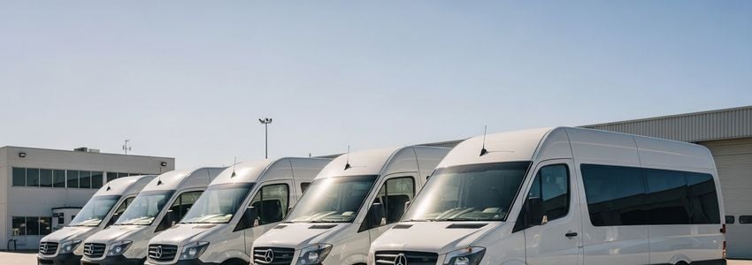 Commercial shuttle van fleet parked at a transportation depot, representing shuttle service business financing