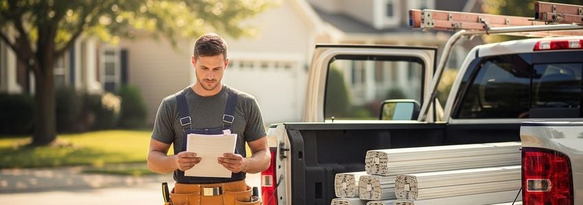 Siding contractor reviewing business loan paperwork at a truck with siding materials