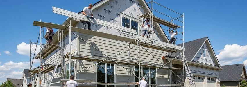 Siding installation crew installing fiber cement siding on residential home