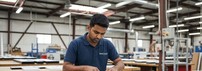 Sign fabrication technician assembling channel letters in a professional sign manufacturing shop