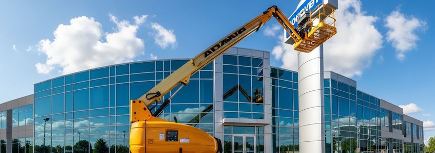 Aerial work platform boom lift used for sign installation at a commercial building