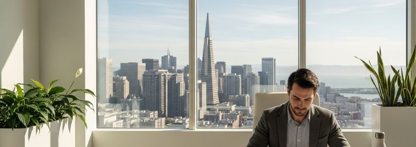 Silicon Valley startup founder reviewing business financing options at a modern office desk with San Francisco skyline view