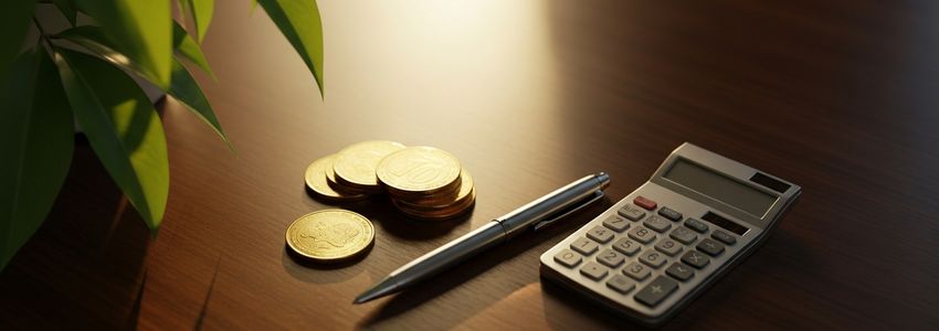 Business finance desk with coins and calculator showing interest cost comparison