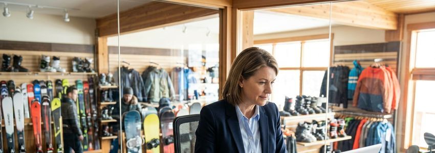 Ski shop owner reviewing financing options at desk with ski equipment in background